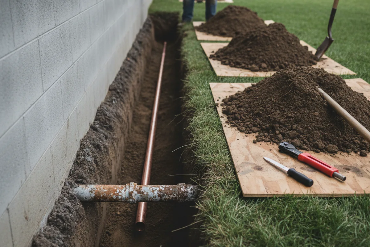 Excavated water line trench during Sewer Line Repair in Helena